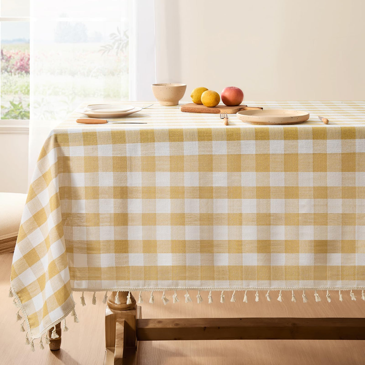 Softalker Fall Gingham Rectangle Tablecloth with Tassel, Orange, 55" x 84"