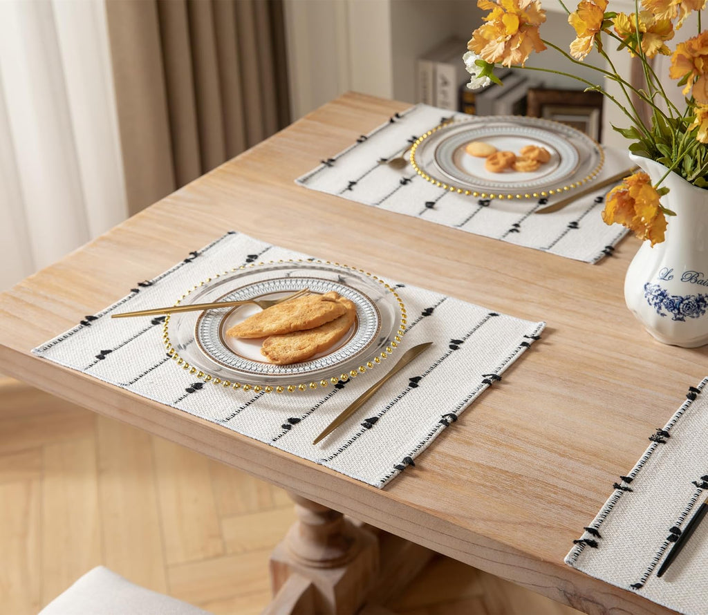 Boho Placemats Set of 6 for Dining Table Decor, Woven Cloth Place Mats for Farmhouse Rustic Kitche Home Decor, Cotton Placemats 13 x 19 Inch, Black and Beige Table mats