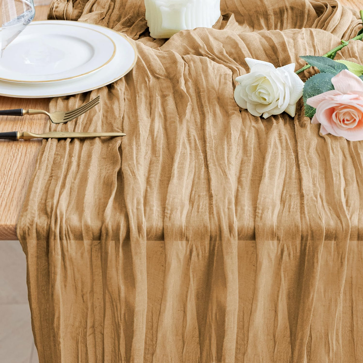 Wokceer Cheesecloth Table Runner Beige 10FT Boho Gauze Runner, 2 Pack