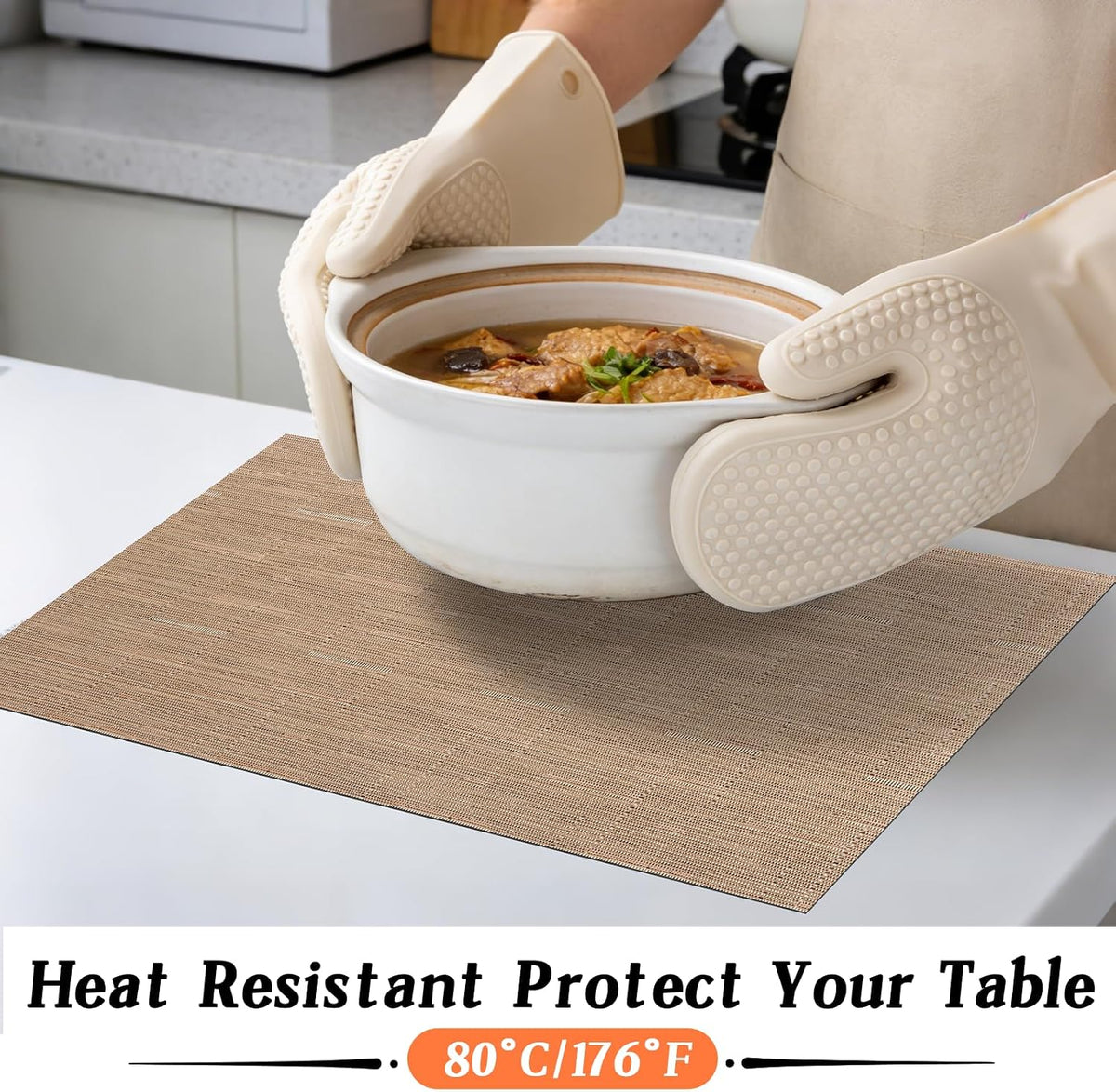 Timeet Placemats Set of 6, Heat Resistant Non-Slip Place Mats, Durable Washable PVC Vinyl Woven Table Mats, Linen Textured Table Placemats for Dining Kitchen Resistant Easy to Clean(Brown)