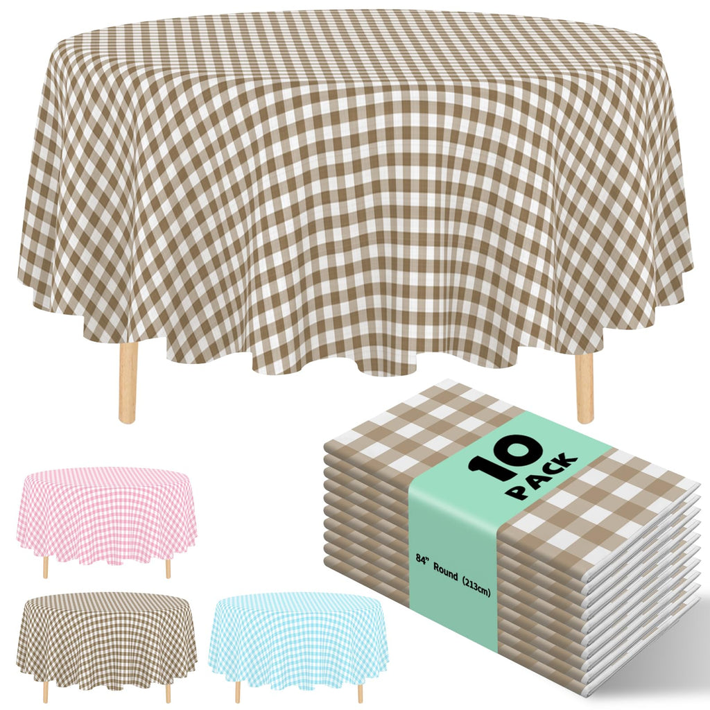 10 Pack Gold Round Tablecloth 84 Inch Round Plastic Table Cloth Disposable Waterproof Table Cover for Wedding Birthday Bridal Shower Party Decorations