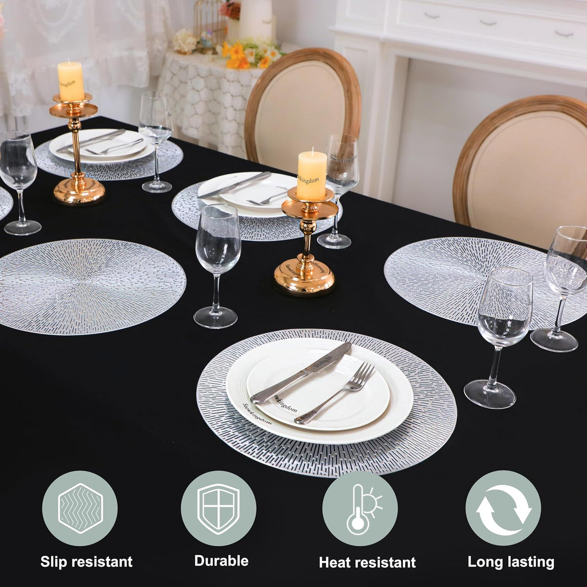 Snowkingdom Silver Round Placemats Set of 8, 15 Inch Metallic Vinyl Round Place Mats, Easy Clean Non Slip Heat Resistant Washable PVC Hollow Dining Table Mats for Wedding Party Christmas Decoration