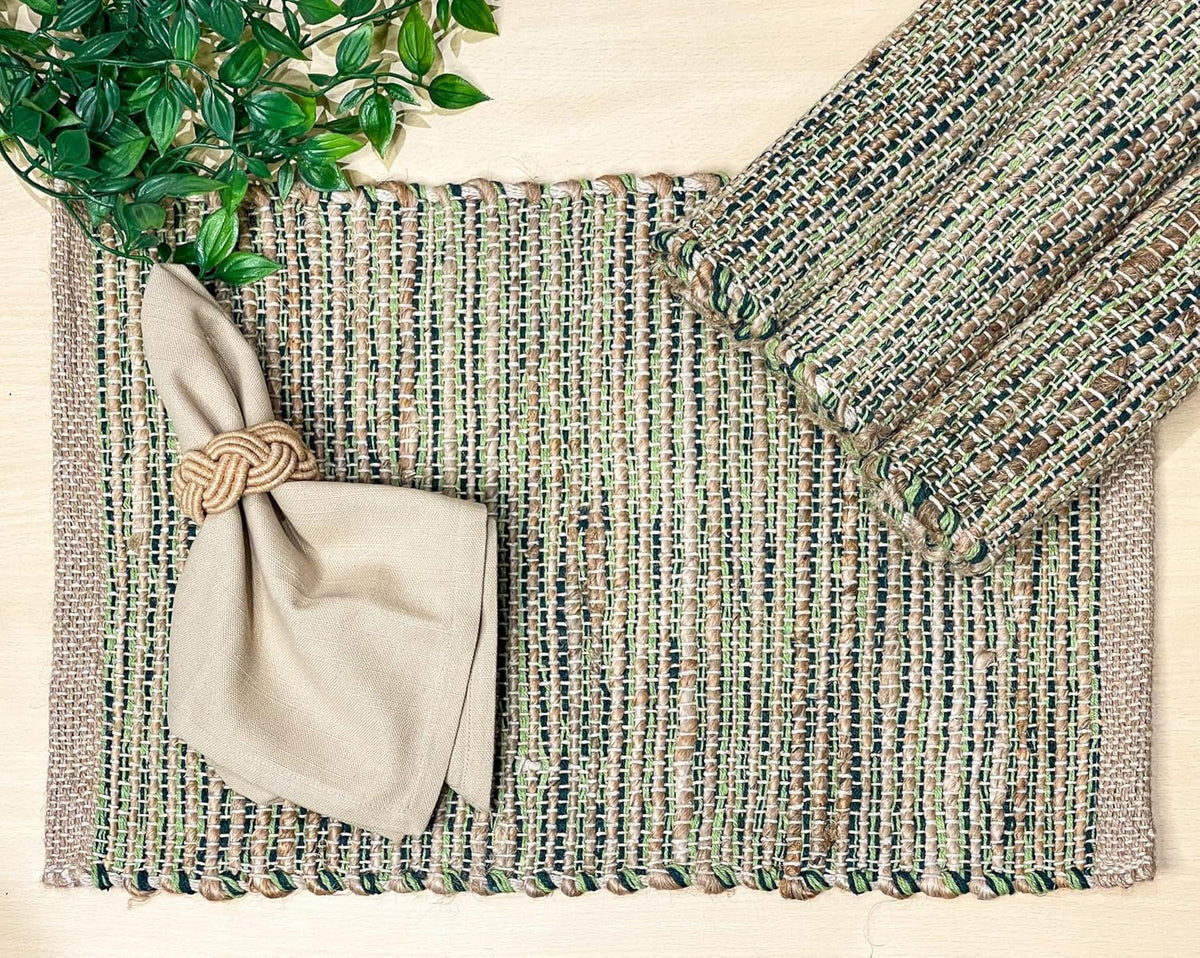 Chardin home Natural Jute Table Runner 13x108 Inch – Vintage Boho Rustic Table Decor – Handwoven Long Table Runner in Natural Jute and Black – Farmhouse Dining or Console Table Accent