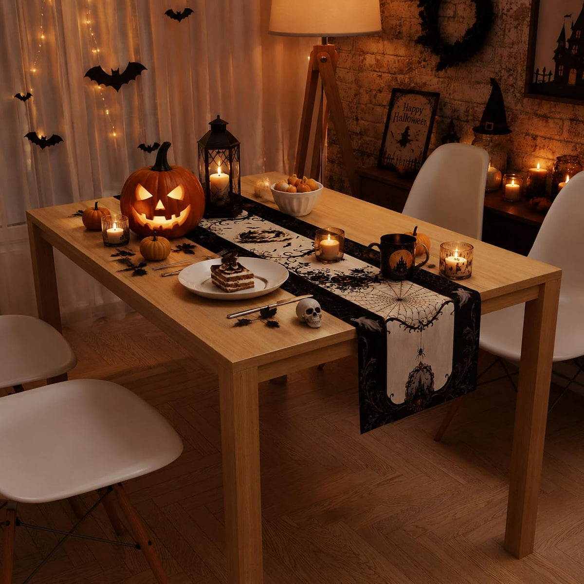Halloween Decorations - Gothic Pumpkin Ghost Spider Web Table Runner