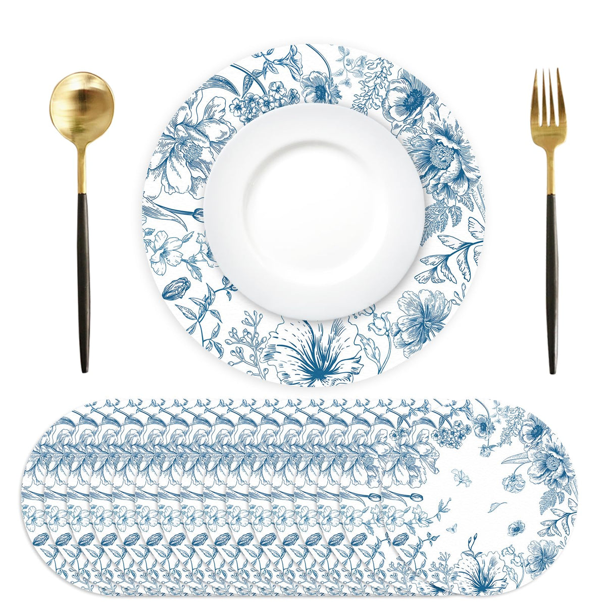 50 Pack Paper Placemats Disposable Blue and White Placemats 13.7 Inch Vintage Blue Floral Place Mats Decorative Chinoiserie Round Table Mats for Dinner Table Setting Birthday Wedding Party Supplies