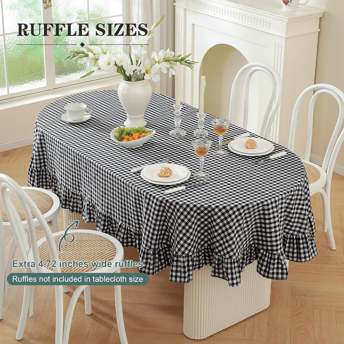 Wolkemer Black and White Gingham Ruffled Oval Tablecloth, 60x84 Inch