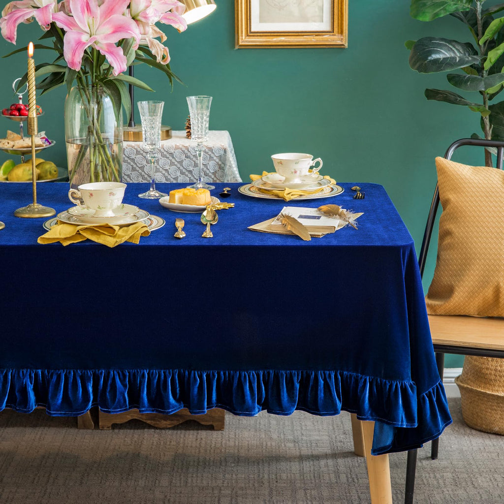 GLORY SEASON Velvet Tablecloth Luxurious Solid Rectangle Table Cloth,Oblong Retro Farmhouse Ruffle Tablecloths Washable Table Cover for Party Wedding Baby Shower Kitchen Dinning Tabletop Decoration