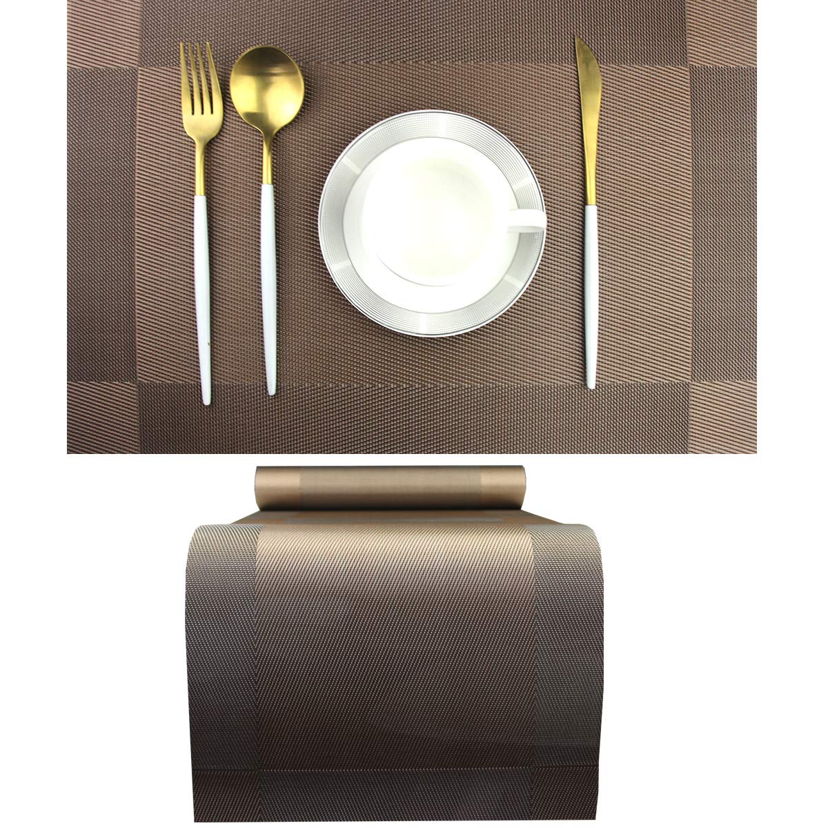 PIGCHCY Place Mats Heat-Resistant Non Slip Placemats Washable Easy to Clean Woven Vinyl Placemats for Dining Table (Set of 4, Brown)