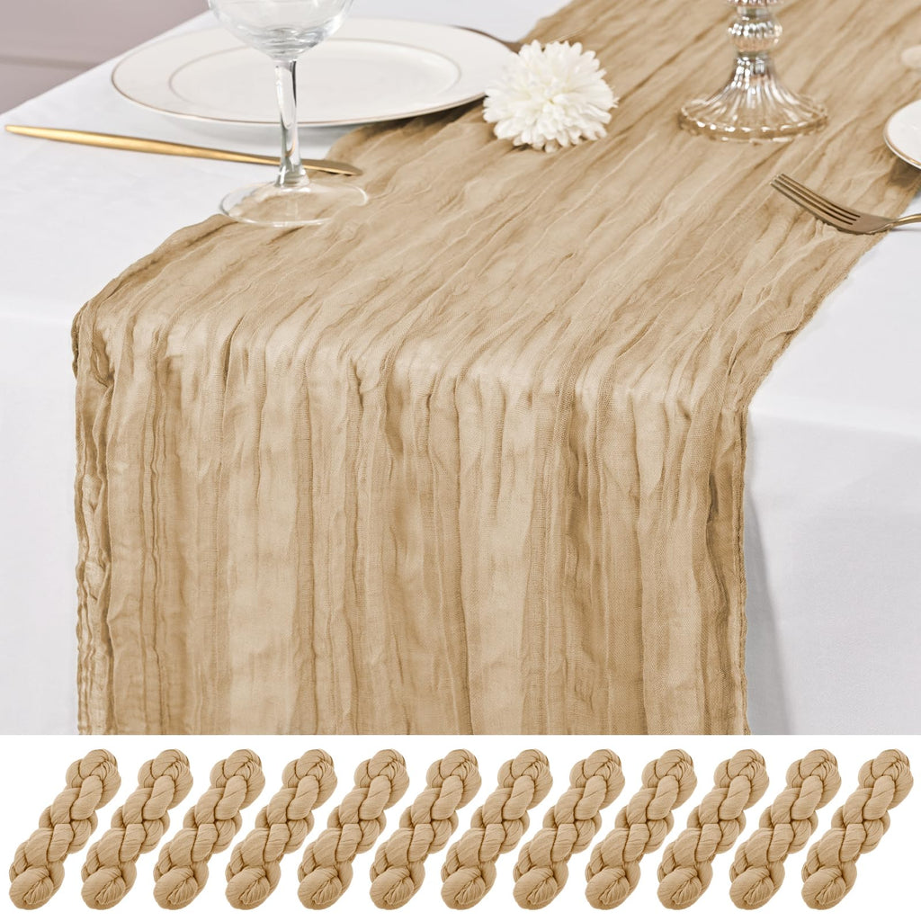 12 Pack Brown Table Runner 10Ft Cheesecloth Table Runner Rustic Gauze Table Runners Romantic Long Sheer Fabric Cheese Cloth Table Runners for Wedding Party Bridal Baby Shower