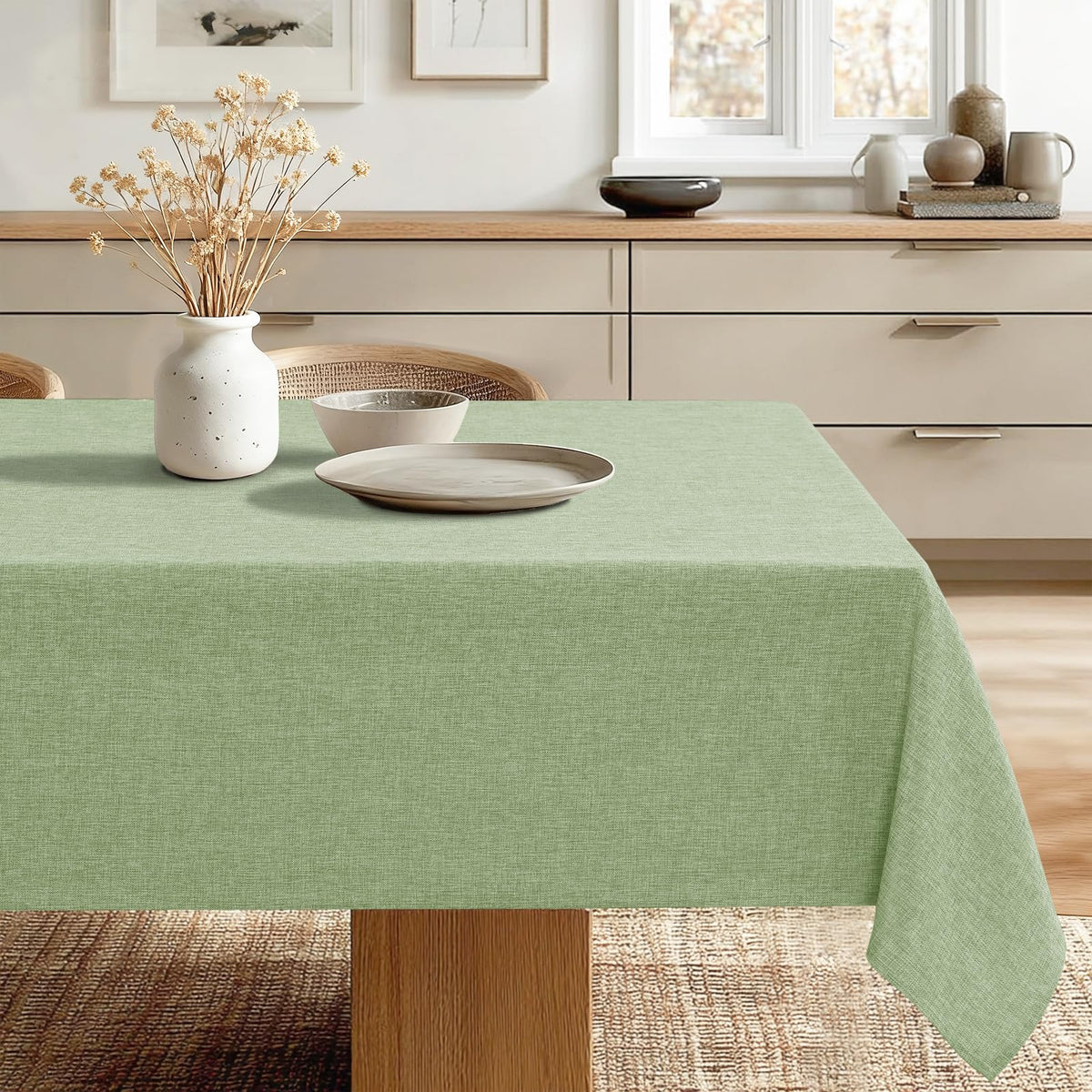 JIUZHEN Round Table Cloth Faux Linen Farmhouse Tablecloth Wrinkle and Stain Resistant Decorative Fabric Table Cover for Kitchen, Dining Room, Parties and Camping, Beige, 90 Inch Round