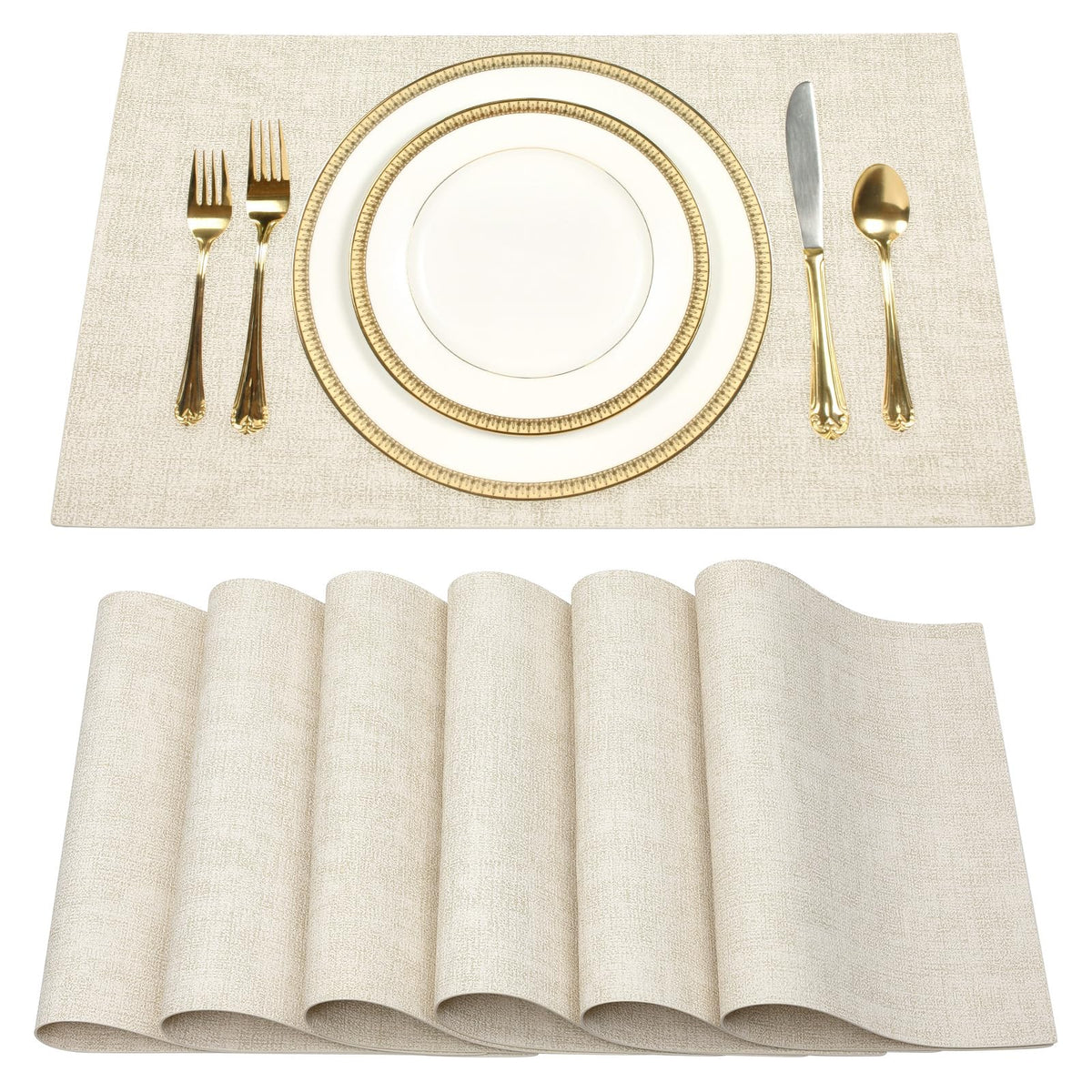SUEH DESIGN Leather Placemats Table Mats Set of 6, Dark Green and Beige