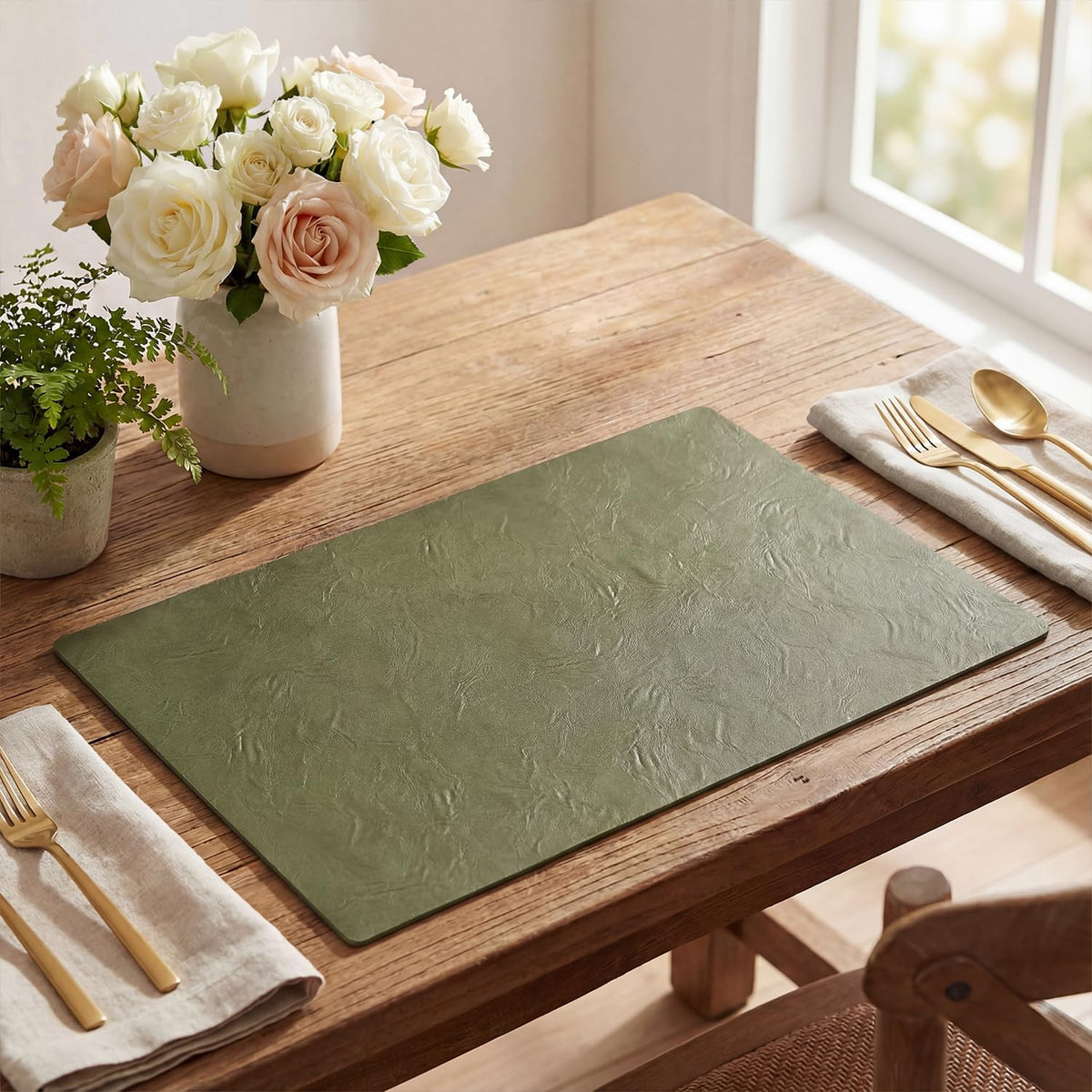 Artoid Mode Olive Green Faux Leather Placemats Set of 6, 15 Inch Waterproof Wipeable Heat Resistant Vinyl Place Mats, Reversible Table Mats for Kitchen Dining Decor