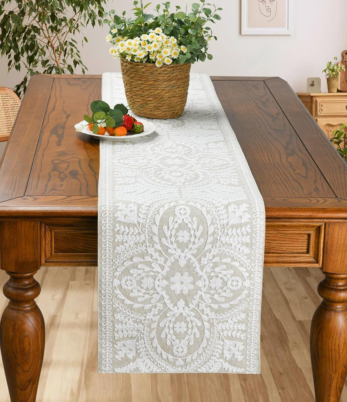 KEVA Boho Table Runner 72inches Long, Farmhouse Linen Table Runner, Rustic Vintage Natural Embroidered Table Runners 13x72 Inch for Dining Table Decorations