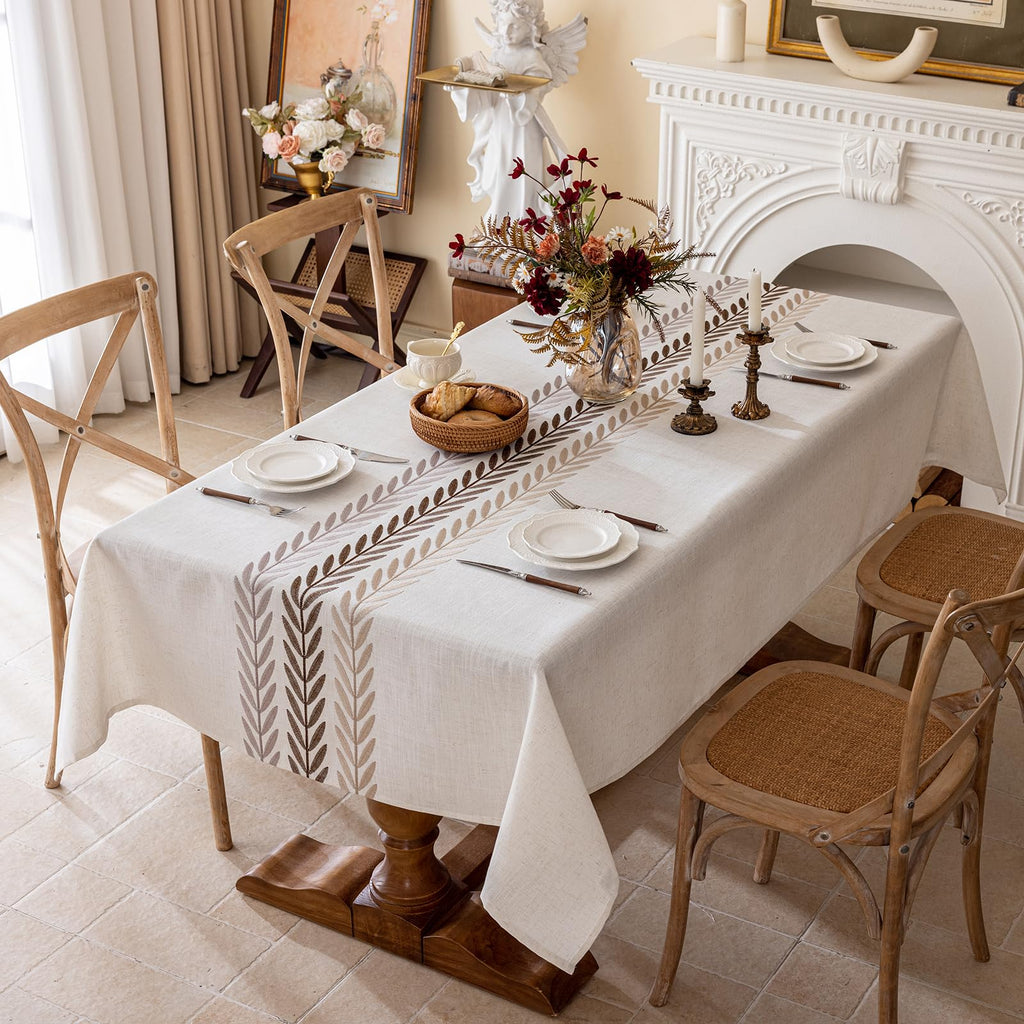 Joyfol Day Rustic Waterproof Linen Tablecloth, Heavy Weight Beige Embroidery Table Cloths for Rectangle Tables, Burlap Farmhouse Table Covers (Coffee Leaves, 55''x 86'')