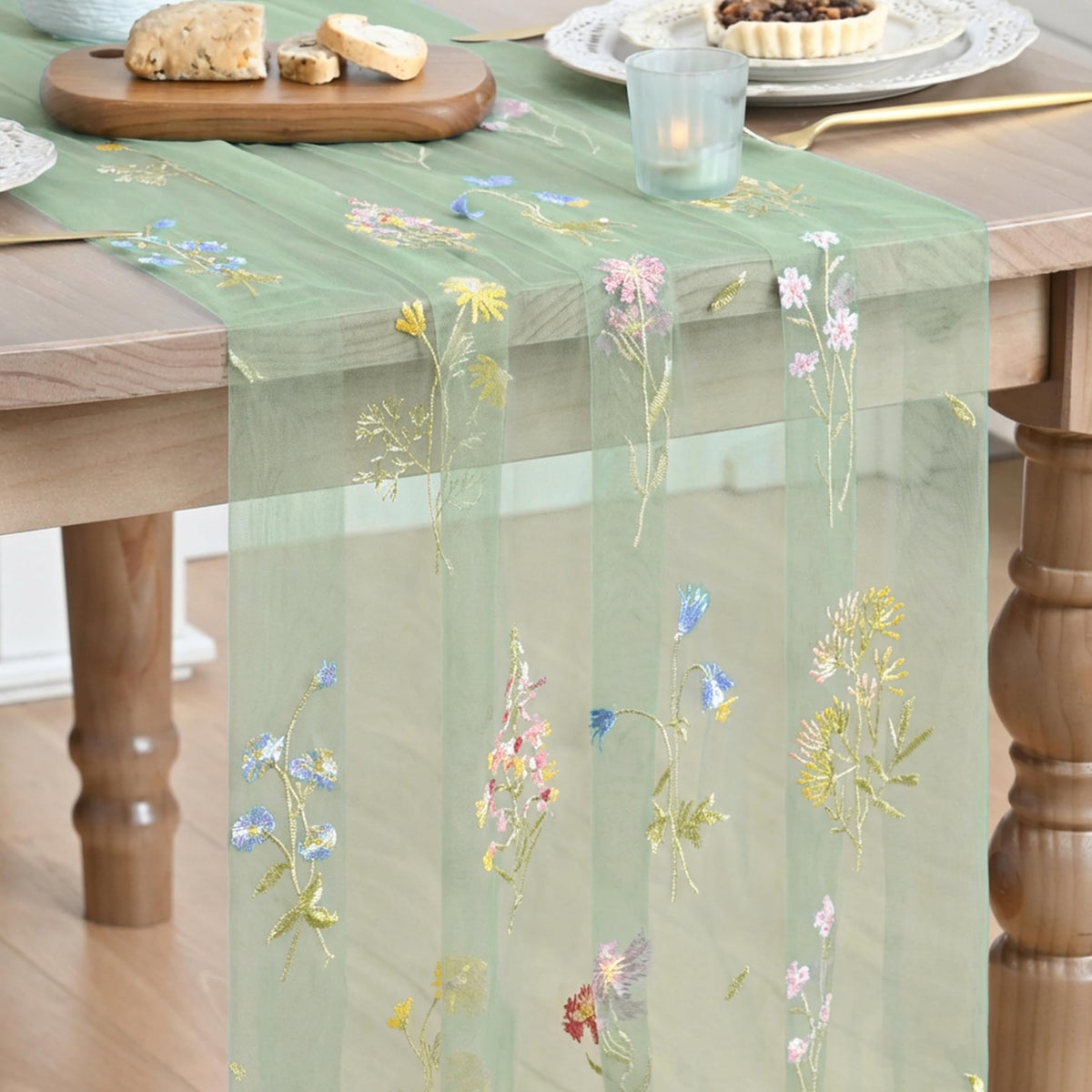 Artoid Mode Floral Apricot Gauze Embroidery Table Runner 120 Inch 10FT