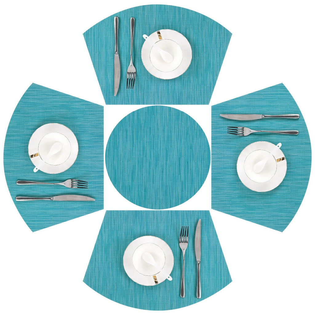 SHACOS Small Round Table Placemats Set of 5 Woven Vinyl Wedge Placemats with Centerpiece Round Table Mats Heat Resistant Wipe Clean (5, Black Gray)