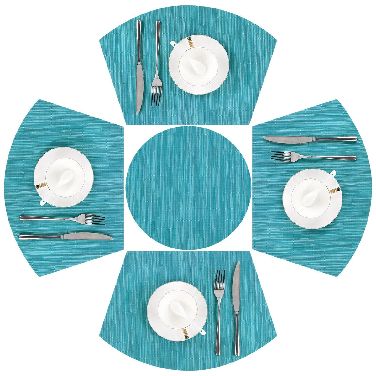 SHACOS Small Round Table Placemats Set of 5 Woven Vinyl Wedge Placemats with Centerpiece Round Table Mats Heat Resistant Wipe Clean (5, Black Gray)
