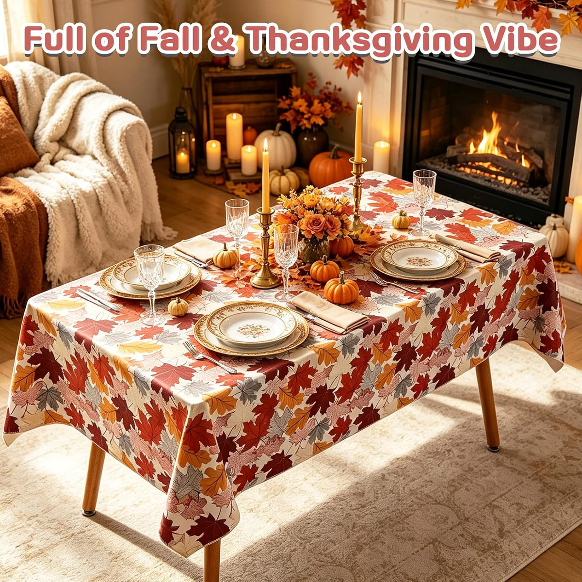 Fall Vinyl Tablecloth with Flannel Backing 52x70 Inch Rectangular,Thanksgiving Plastic PVC Heavy Duty Waterproof Stain Resistant Table Cloth Cover for Dining Party Indoor Outdoor Decoration,Maple Leaf