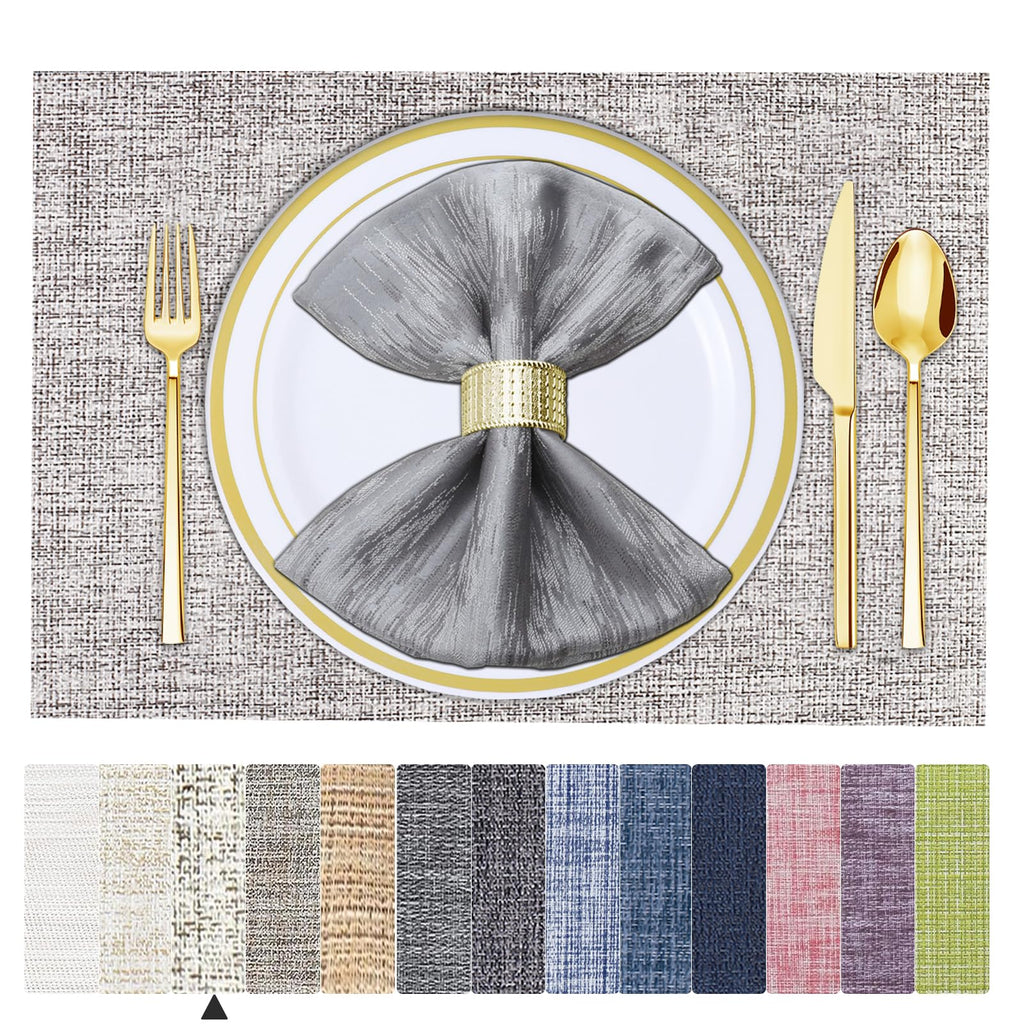 BETEAM Placemats Set of 8, Woven Vinyl Place Mats for Dining Table, Gray