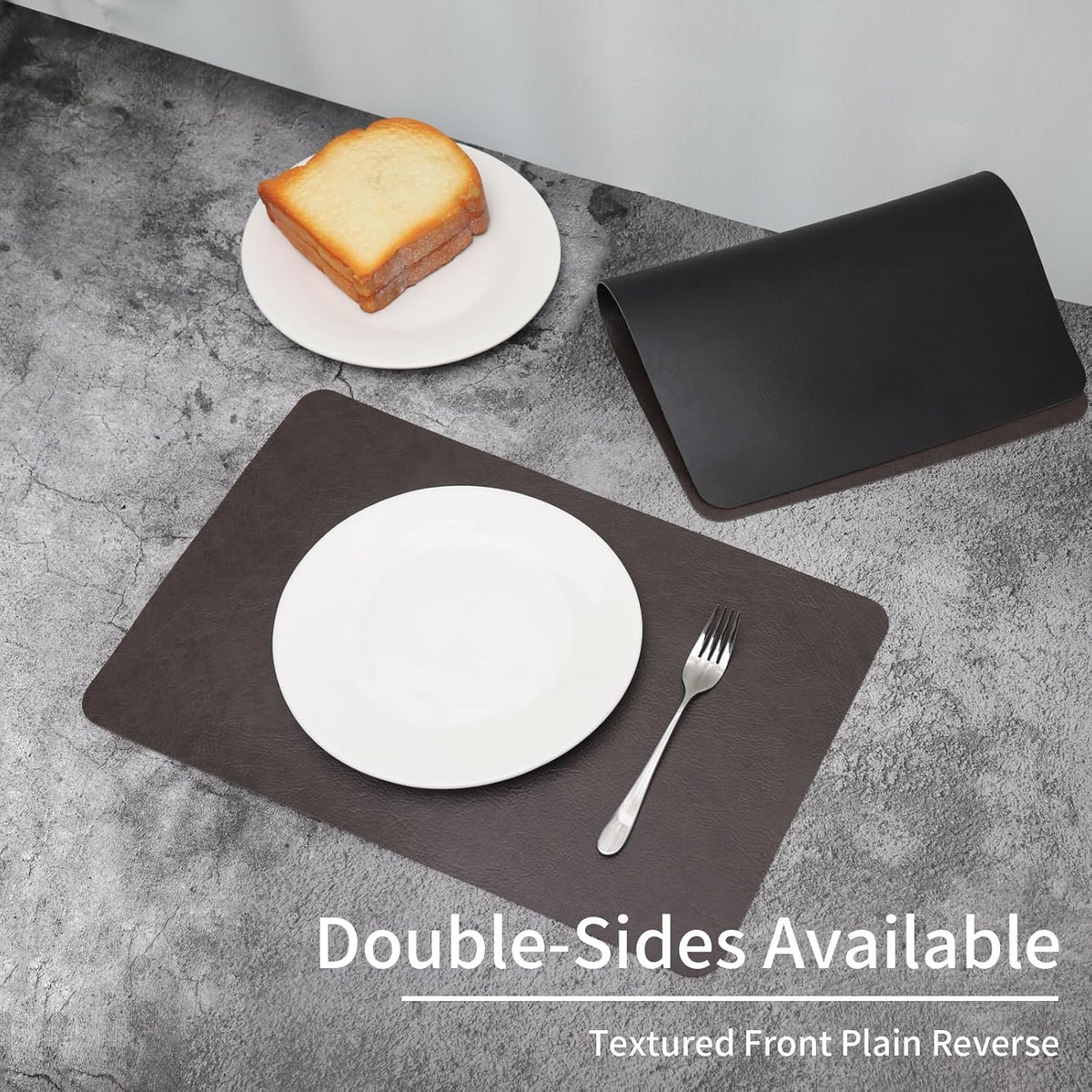 Cowhide Pattern Faux Leather Placemats Set of 6,Heat Resistant Non-Slip Waterproof Wipeable Washable Kitchen Dining PU Table Place Mats,Double-Sides Available,Black Brown