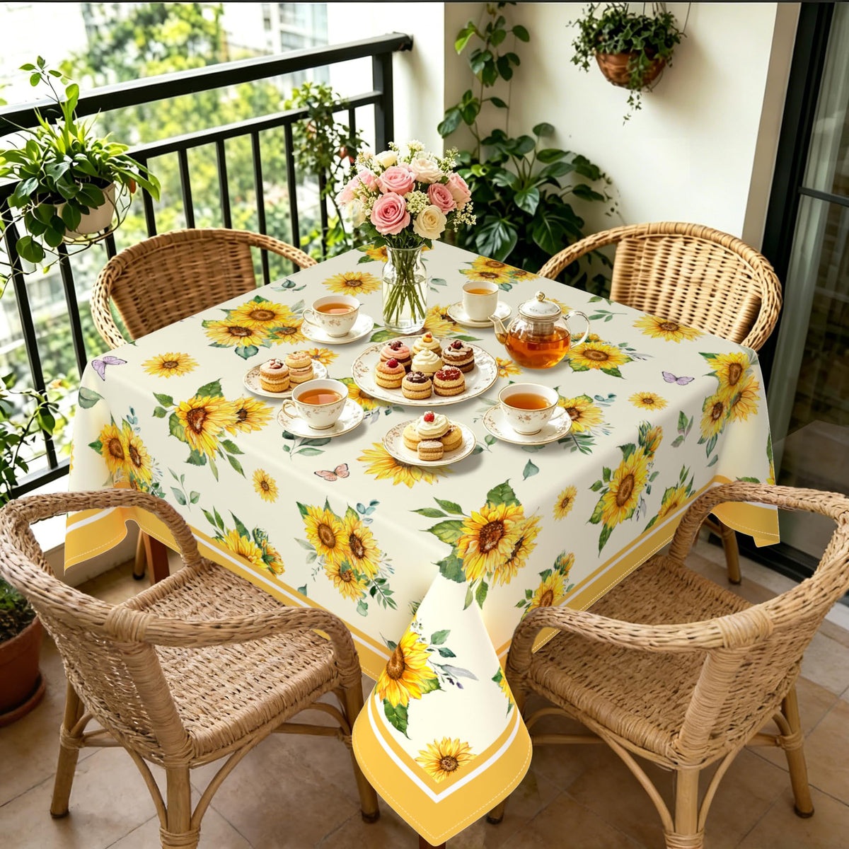 Blue Floral Square Tablecloth 70x70 Inch, Blue and White French Country Tablecloth, Rustic Floral Polyester Waterproof Tablecloth for Farmhouse Kitchen Decor/Indoor and Outdoor Tables/Parties/Picnics