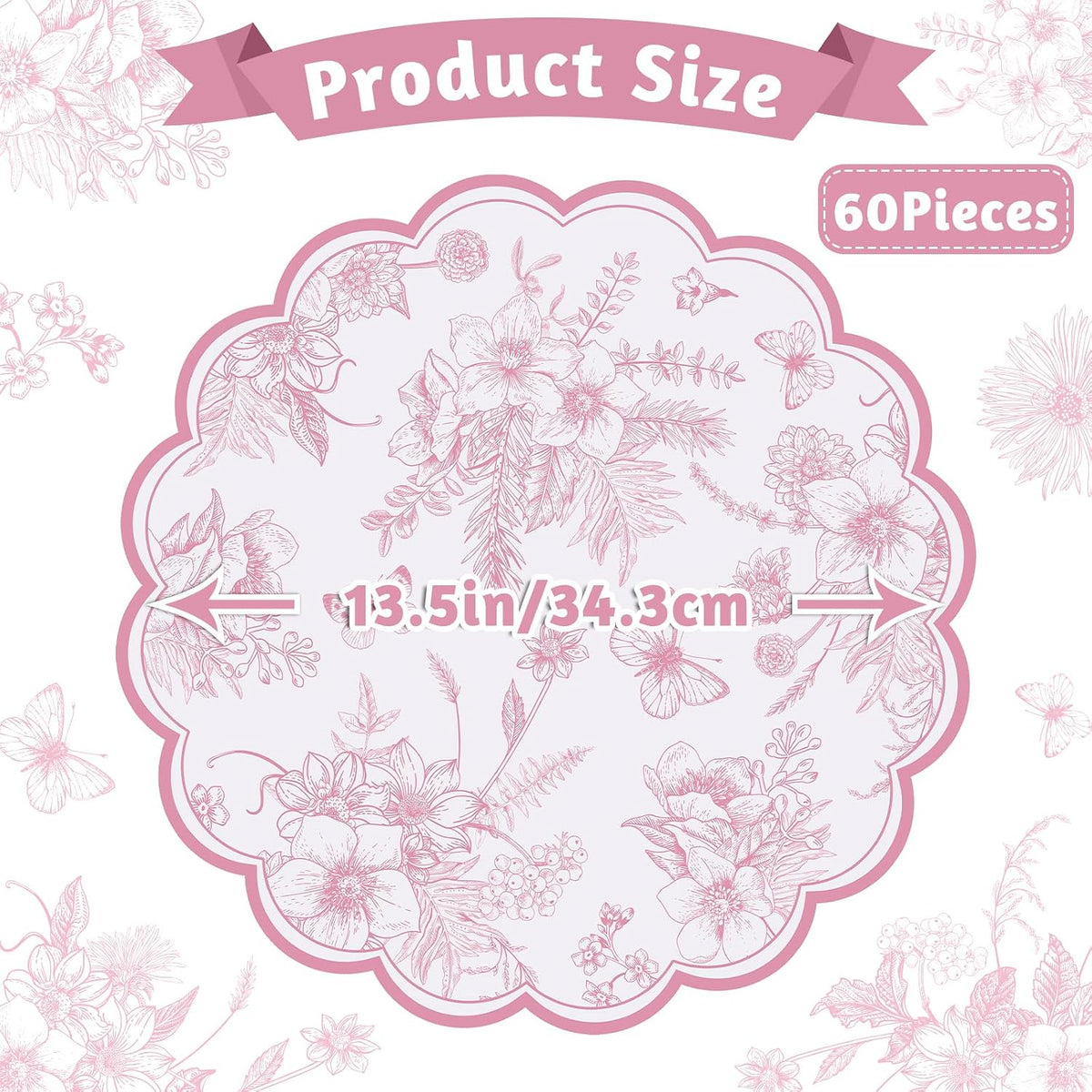 60 Pcs Pink Floral Paper Placemat, 13.5 Inch Disposable Scalloped Table Mat
