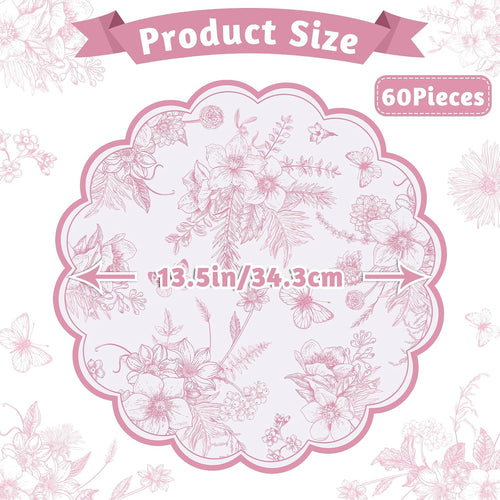 60 Pcs Pink Floral Paper Placemat, 13.5 Inch Disposable Scalloped Table Mat