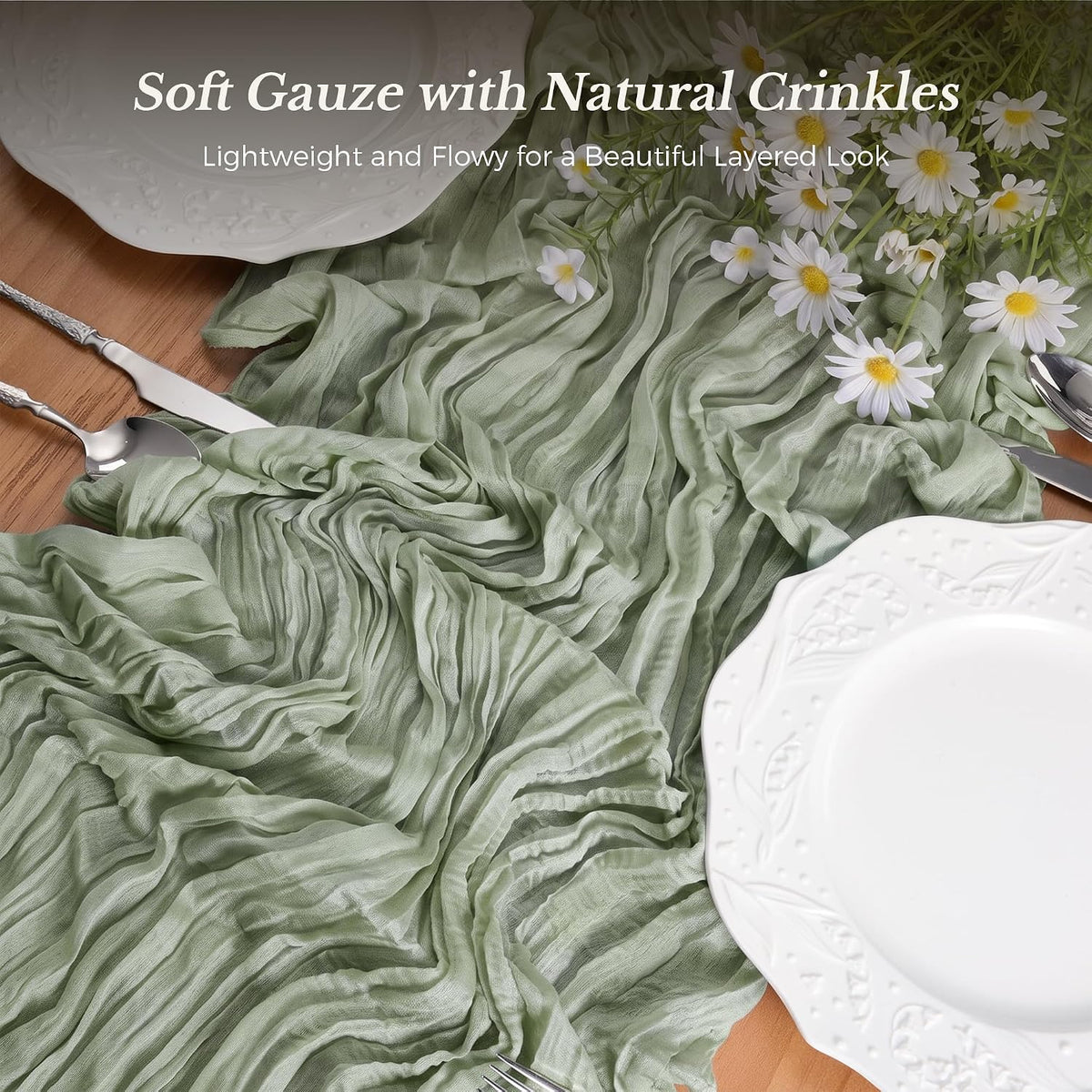 Goodluck 10 Pack 10Ft Sage Green Cheesecloth Table Runner 35x120 Inch Boho Gauze Table Runner Cheese Cloth Extra Long Romantic Table Runners for Wedding Bridal Shower Birthday Party Table Decor