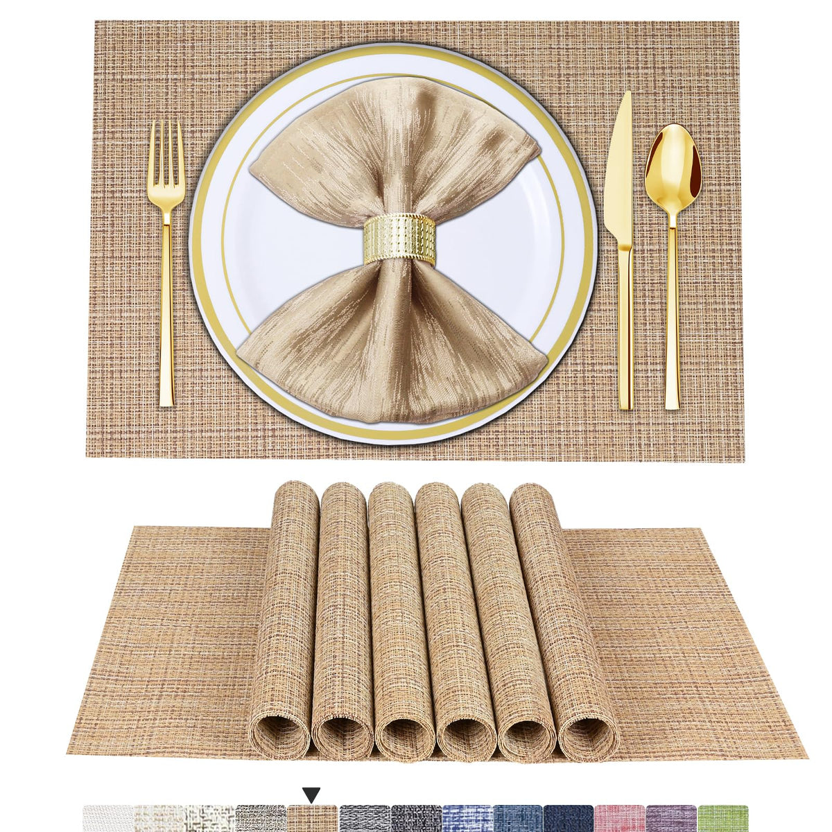 BETEAM Placemats Set of 8, Woven Vinyl Place Mats for Dining Table, Gray