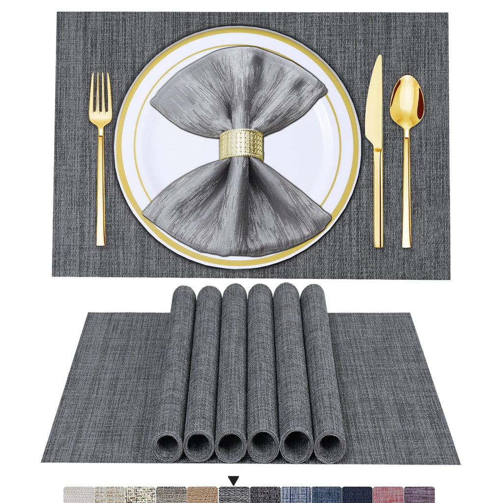 BETEAM Placemats Set of 8, Woven Vinyl Place Mats for Dining Table, Gray
