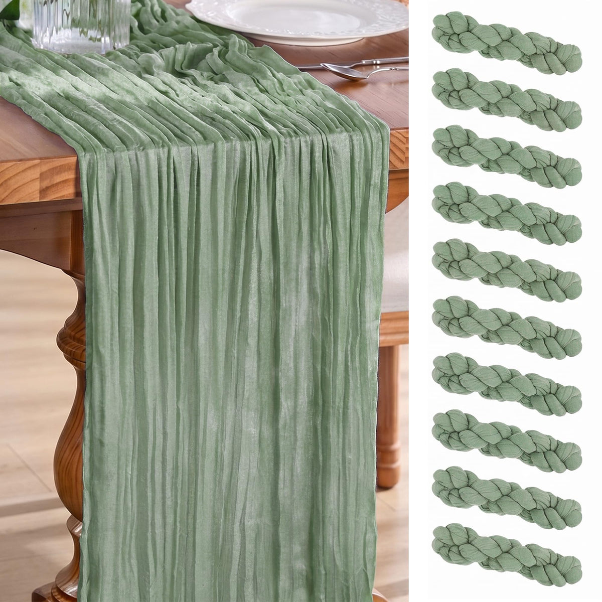 Goodluck 10 Pack 10Ft Sage Green Cheesecloth Table Runner 35x120 Inch Boho Gauze Table Runner Cheese Cloth Extra Long Romantic Table Runners for Wedding Bridal Shower Birthday Party Table Decor