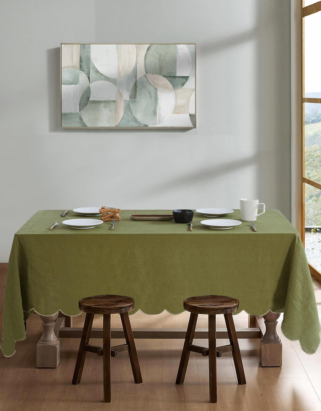100% French Flax Linen Tablecloths Scalloped Embroidery Rectangle 132Lx60W Inch for Dinners, Parties, Spring, Machine Washable, 12-14 Sets, Linen(Edges-Gold)