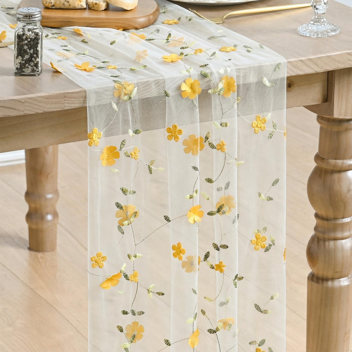 Artoid Mode Pink 3D Flower Gauze Embroidery Table Runner 120 Inch 10FT