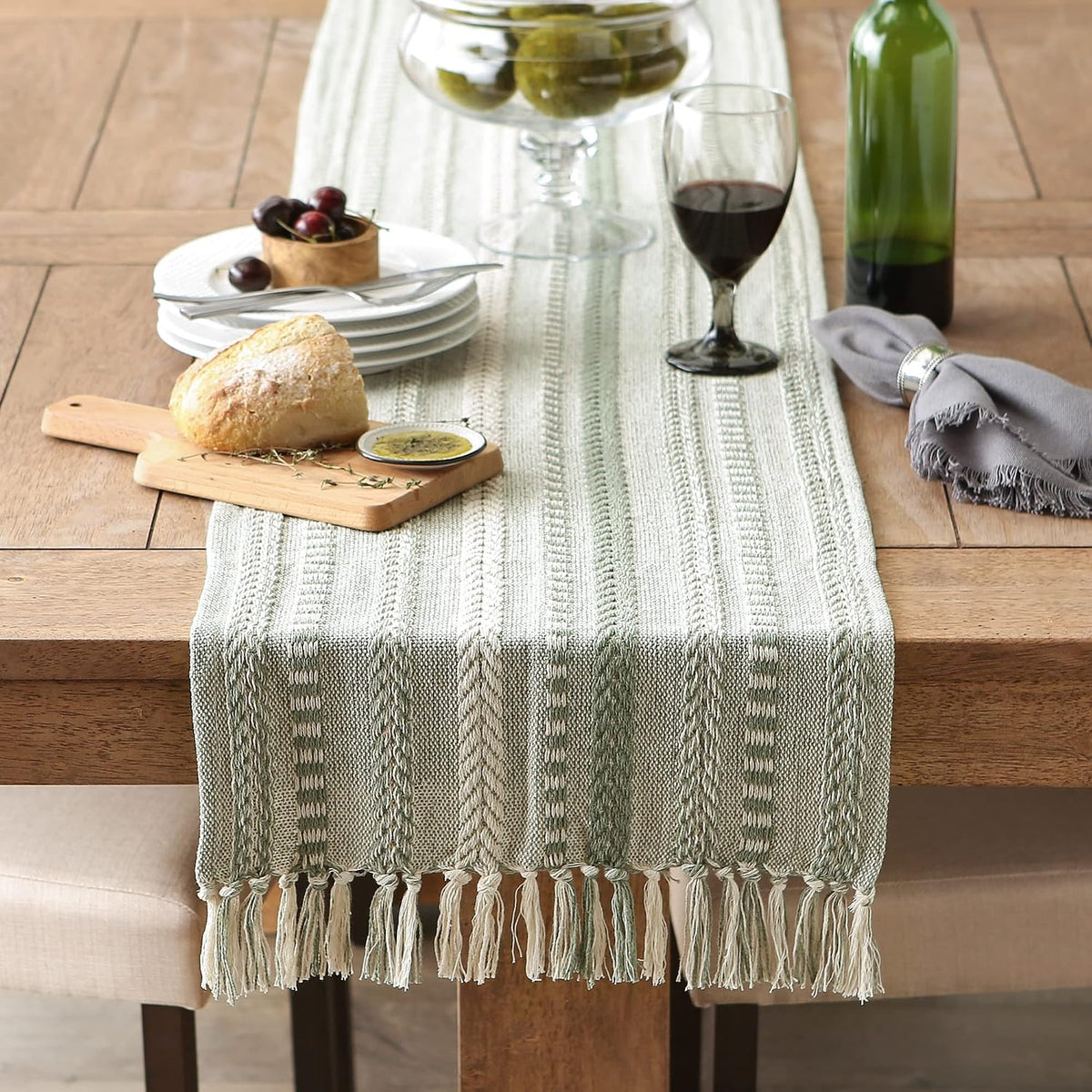 DII Braided Stripe Table Runner, 15x72 with 2.5" Fringe, Artichoke Green