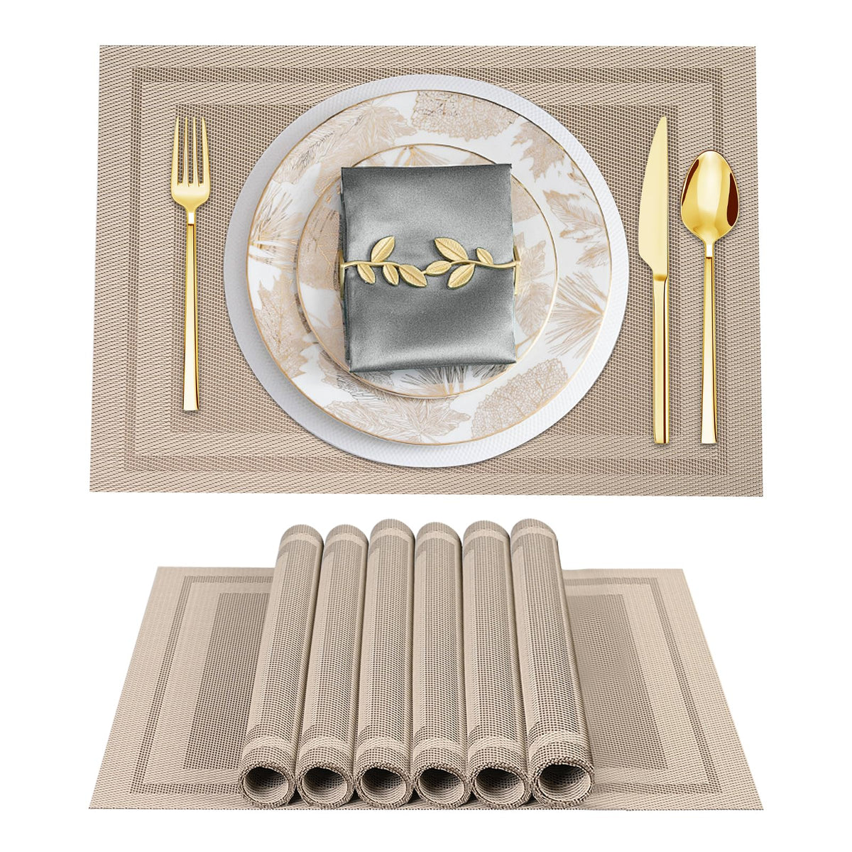 BETEAM Placemats Set of 8, Woven Vinyl Place Mats for Dining Table, Gray