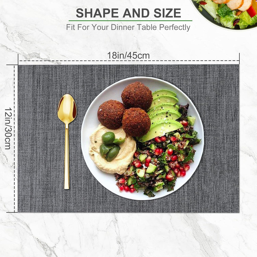 BETEAM Placemats Set of 8, Woven Vinyl Place Mats for Dining Table, Gray