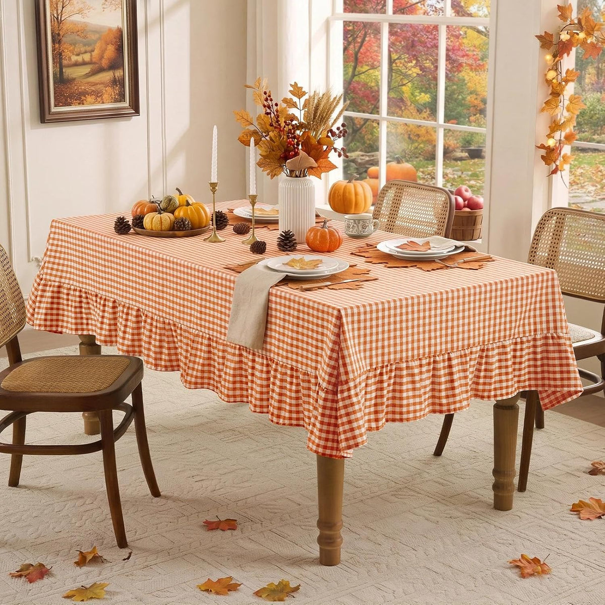 Romanstile Fall Gingham Ruffled Tablecloth Rectangle, 60 x 84 Inch Orange