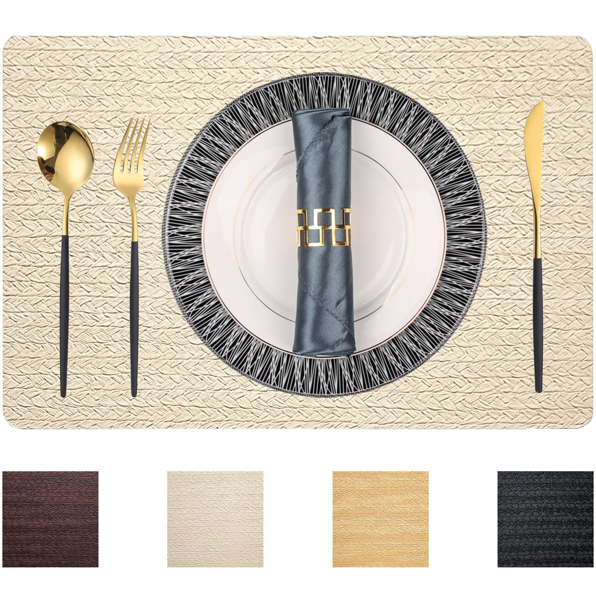 PIGCHCY Place Mats Heat-Resistant Non Slip Placemats Washable Easy to Clean Woven Vinyl Placemats for Dining Table (Set of 4, Brown)