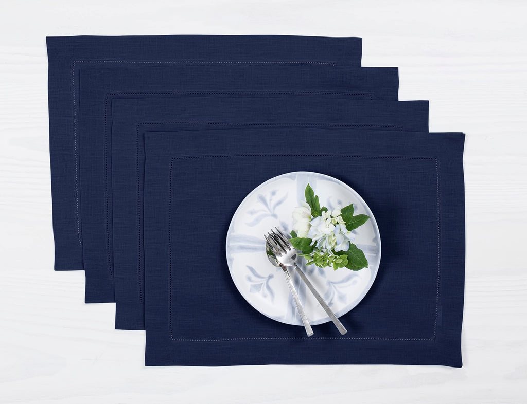 Solino Home 100% Pure Linen Placemats Green Hemstitch, 14 x 19 in, Set of 4