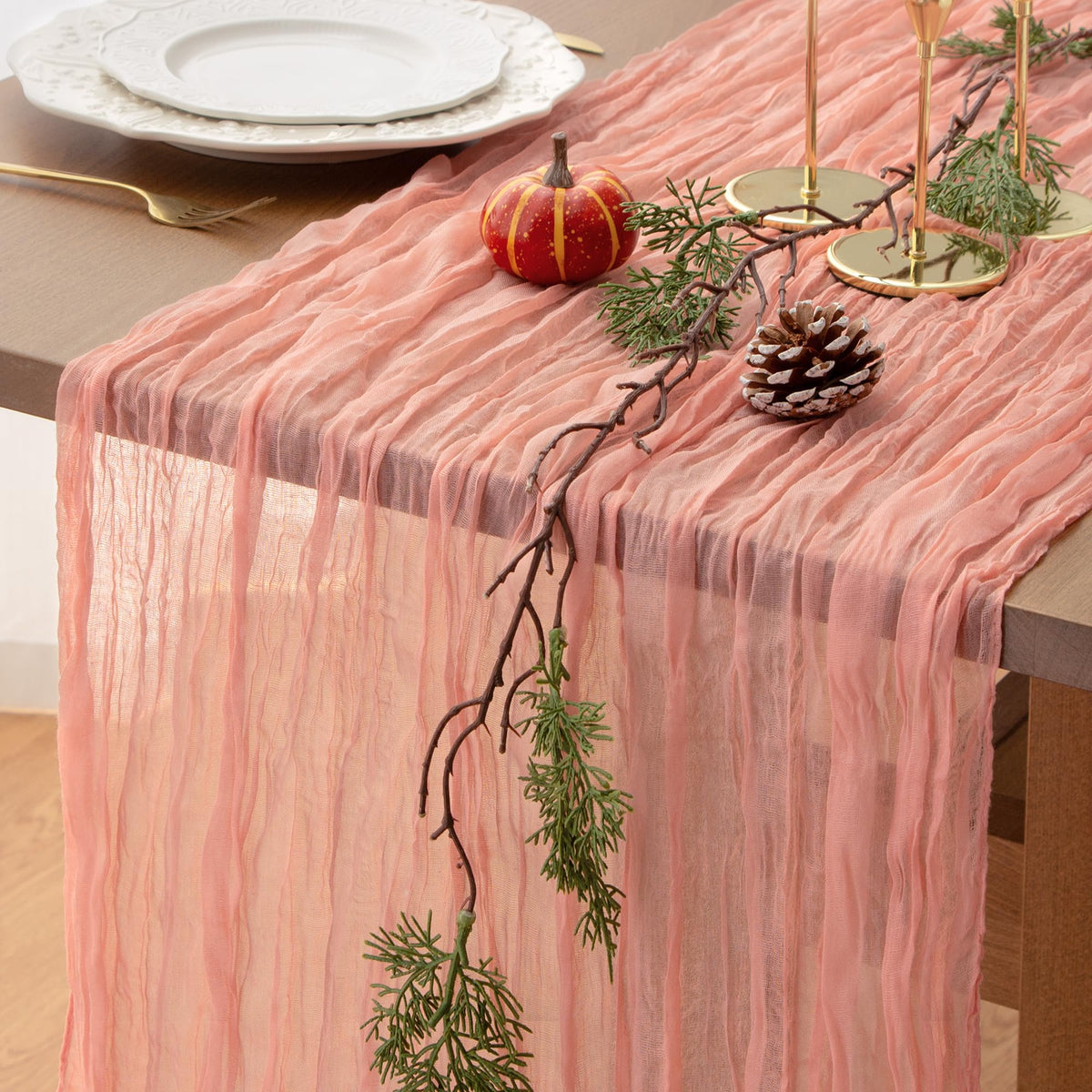 FEXIA Beige Cheesecloth Table Runner Gauze Rustic Boho Party Decoration