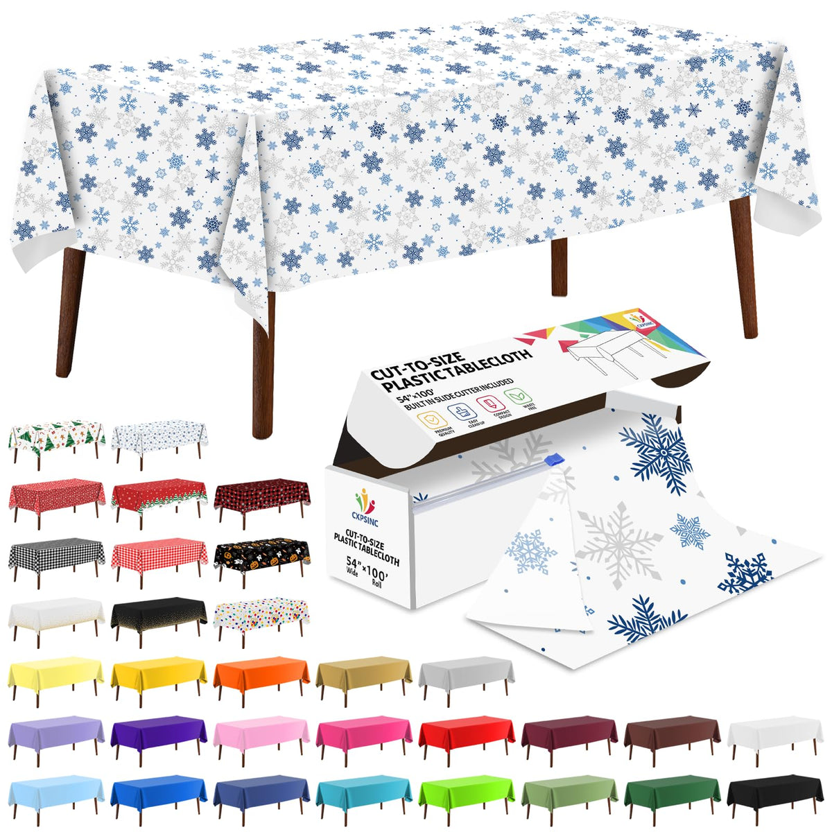 CXPSINC White Plastic Table Cloth Disposable Tablecloth Roll 54 Inch X 300 Feet Plastic Table Cover Roll with Slide Cutter for Picnics, Parties, Banquet, Birthdays, Weddings