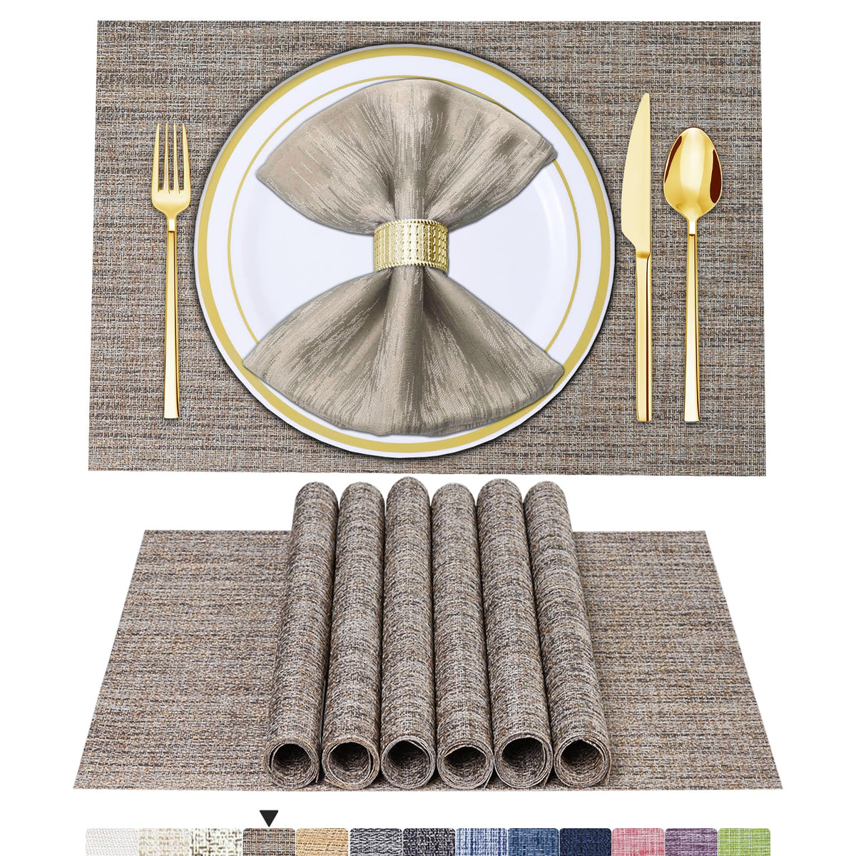 BETEAM Placemats Set of 8, Woven Vinyl Place Mats for Dining Table, Gray