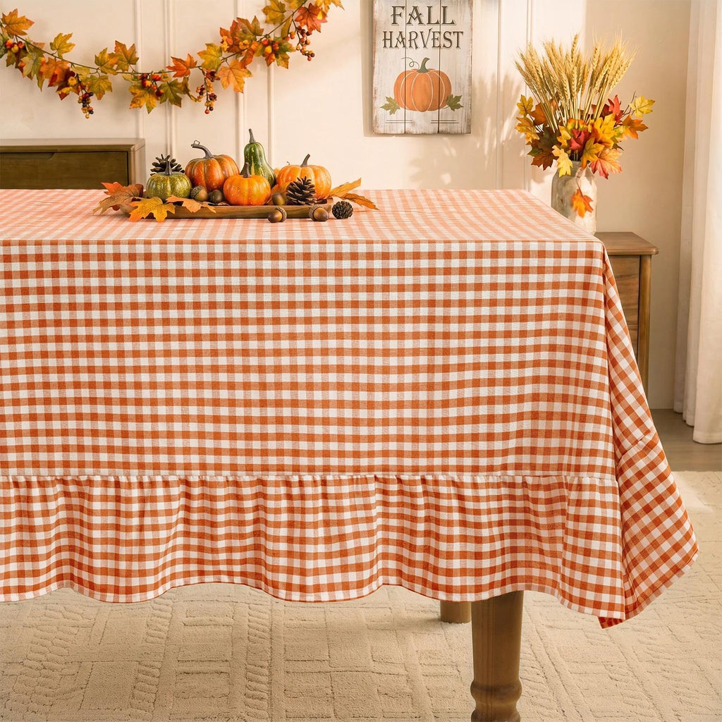 Romanstile Fall Gingham Ruffled Tablecloth Rectangle, 60 x 84 Inch Orange