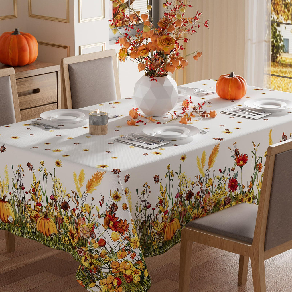 XCHI Fall Wild Flowers Pumpkin Rectangle Tablecloth Decorations 60x104 Inch