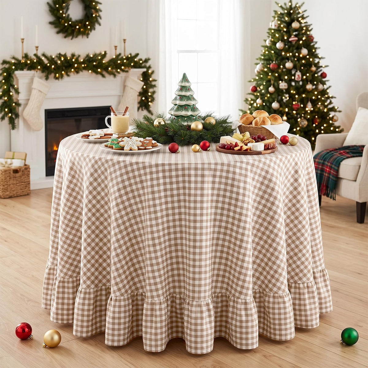 PartyDelight Gingham Ruffle Tablecloth Butter Yellow Washed Cotton Checkered Rectangular Table Cover for Farmhouse Kitchen Cute Cottagecore Birthday Party Decor, Soft Vintage (60x102 Fits 6-9 Seats)