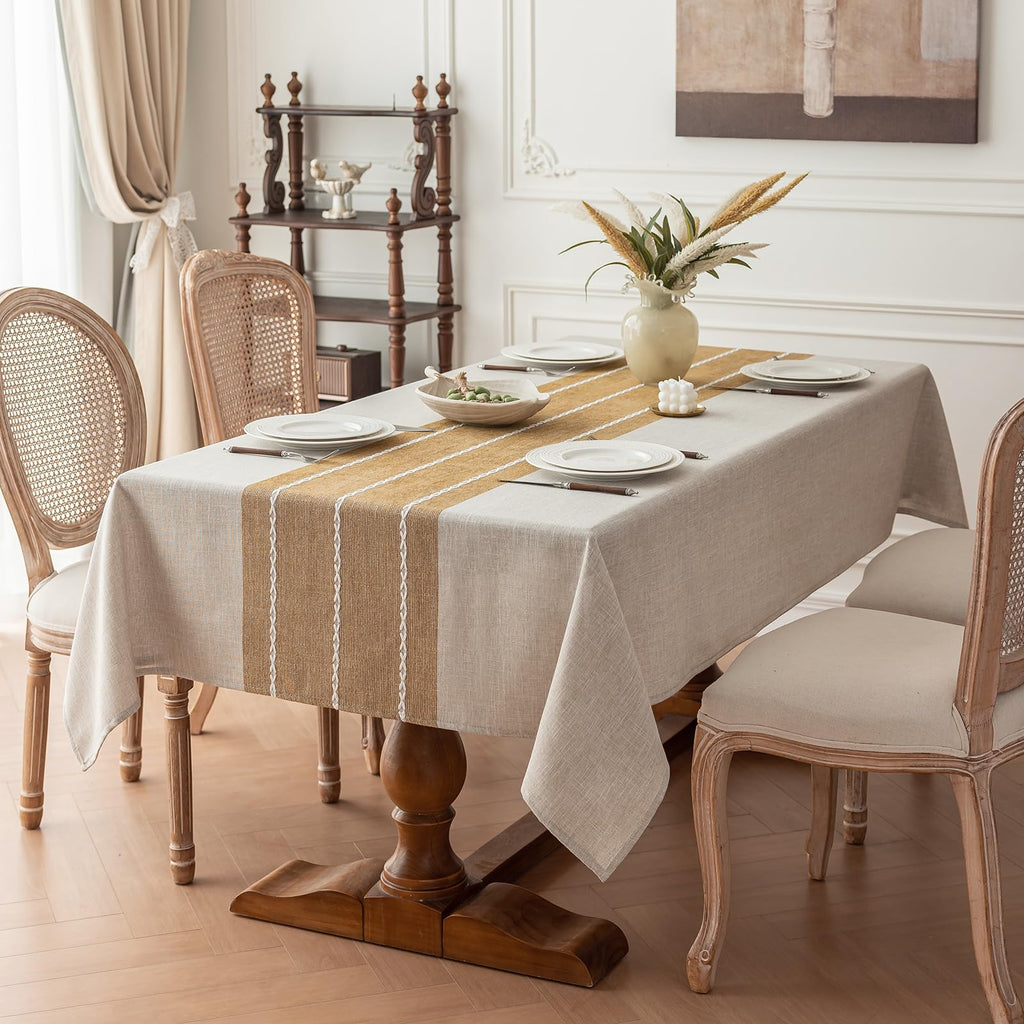Joyfol Day Rustic Waterproof Linen Tablecloth, Heavy Weight Beige Embroidery Table Cloths for Rectangle Tables, Burlap Farmhouse Table Covers (Coffee Leaves, 55''x 86'')