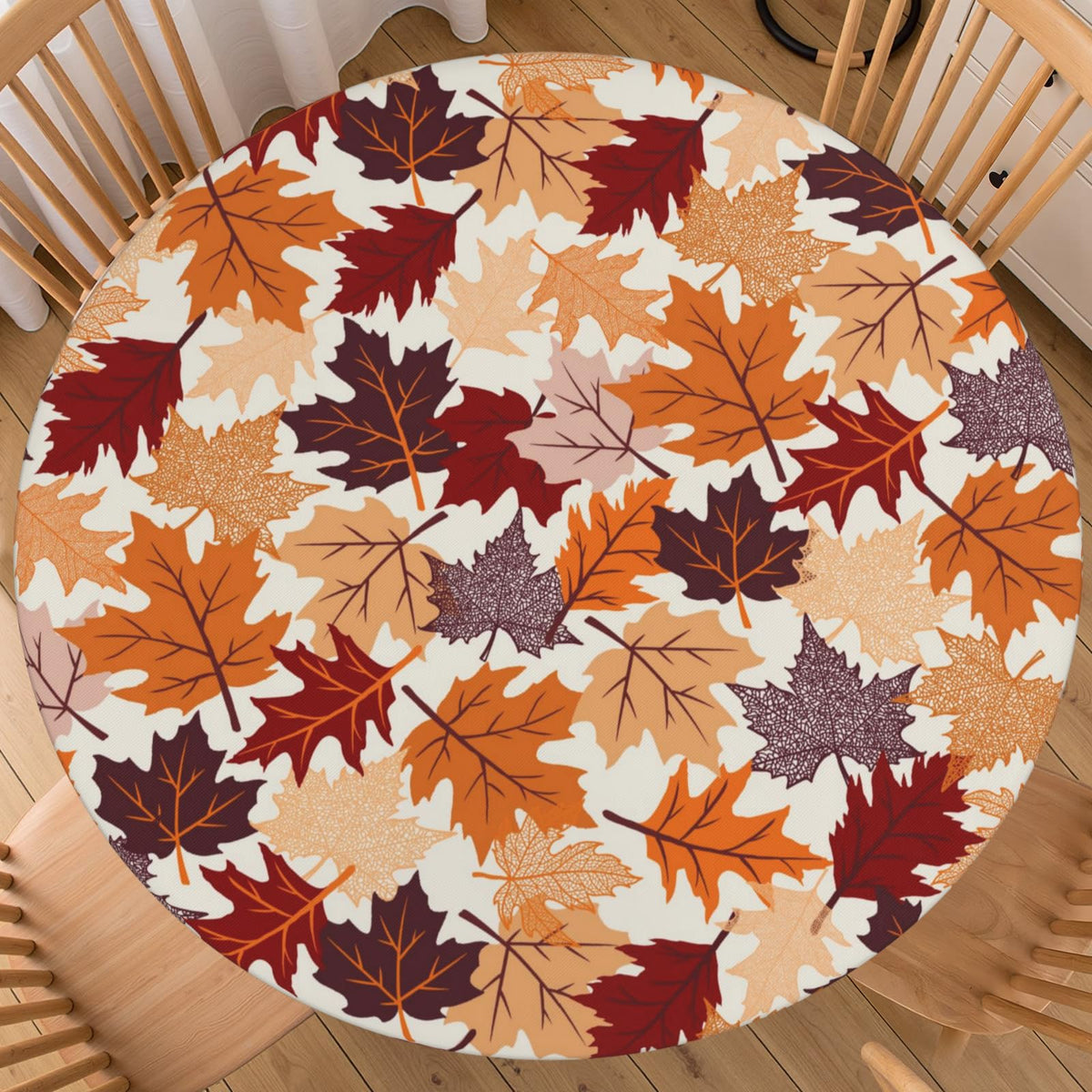 Fall Round Fitted Tablecloth with Elastic for 44-48 Inch Tables Blue Orange Pumpkin Leaves Autumn Thanksgiving Fitted Table Cover Waterproof Harvest Themed Farmhouse Indoor Outdoor Patio Picnic Party