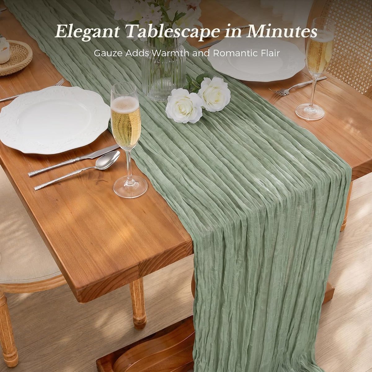 Goodluck 10 Pack 10Ft Sage Green Cheesecloth Table Runner 35x120 Inch Boho Gauze Table Runner Cheese Cloth Extra Long Romantic Table Runners for Wedding Bridal Shower Birthday Party Table Decor