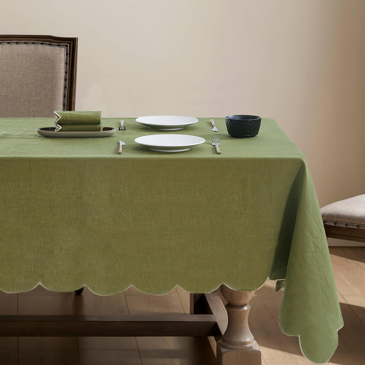 100% French Flax Linen Tablecloths Scalloped Embroidery Rectangle 132Lx60W Inch for Dinners, Parties, Spring, Machine Washable, 12-14 Sets, Linen(Edges-Gold)