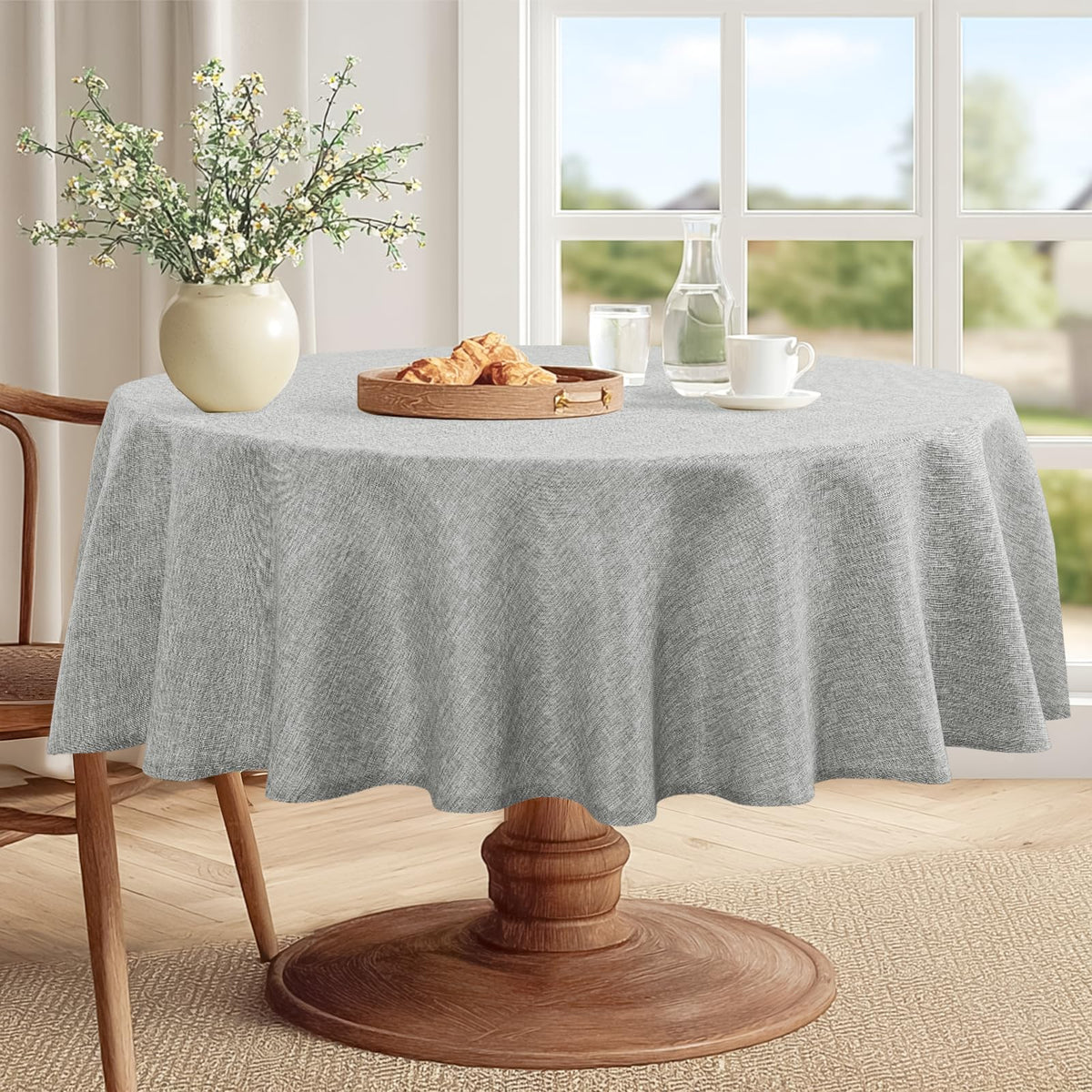 JIUZHEN Round Table Cloth Faux Linen Farmhouse Tablecloth Wrinkle and Stain Resistant Decorative Fabric Table Cover for Kitchen, Dining Room, Parties and Camping, Beige, 90 Inch Round